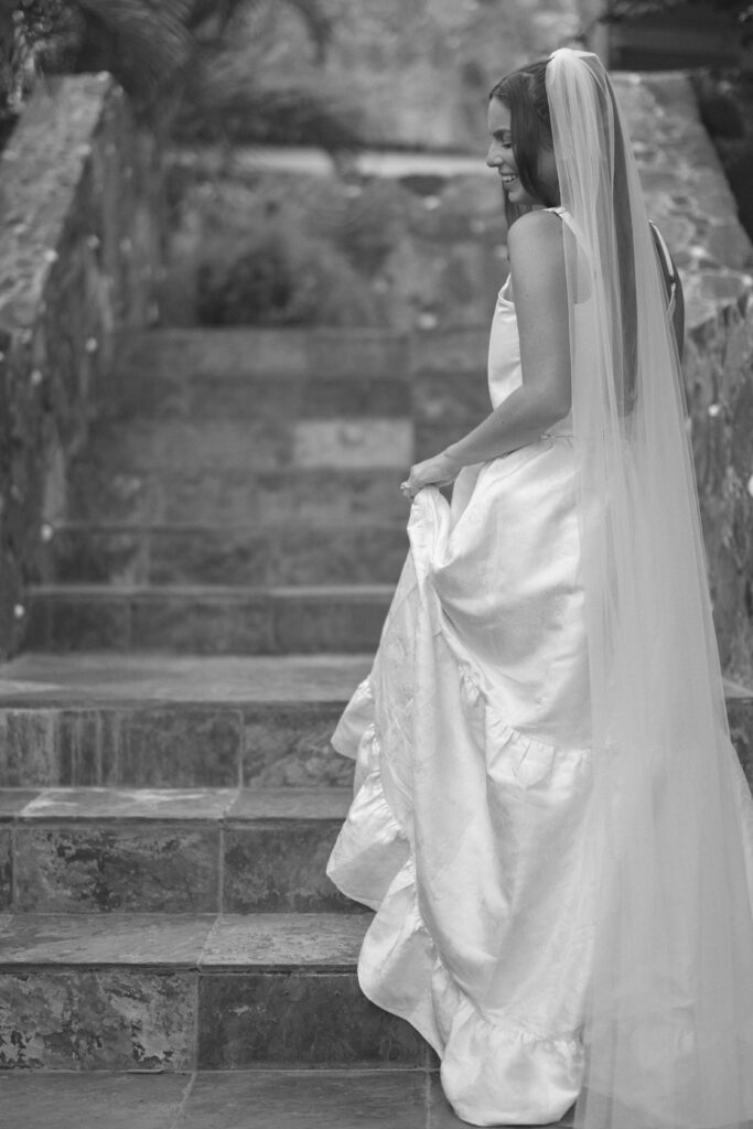 Bride on the stairs outside a Cruz Bay villa during their St John USVI wedding