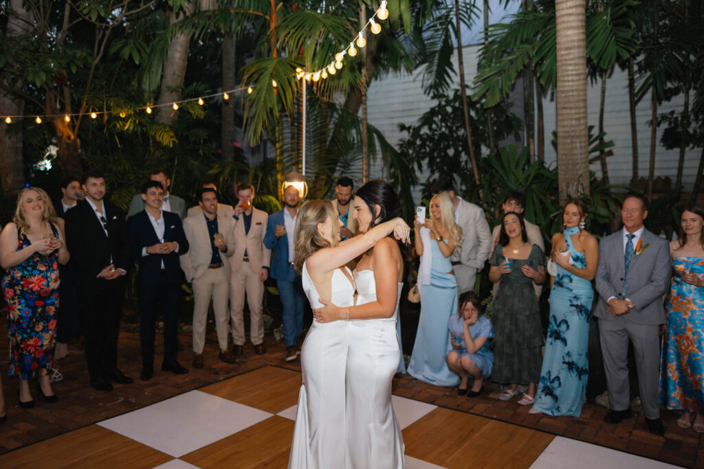 Film photograph of bride and bride during their first dance.