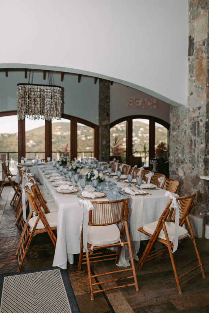 Elegant blue and white table decor in a Cruz Bay villa