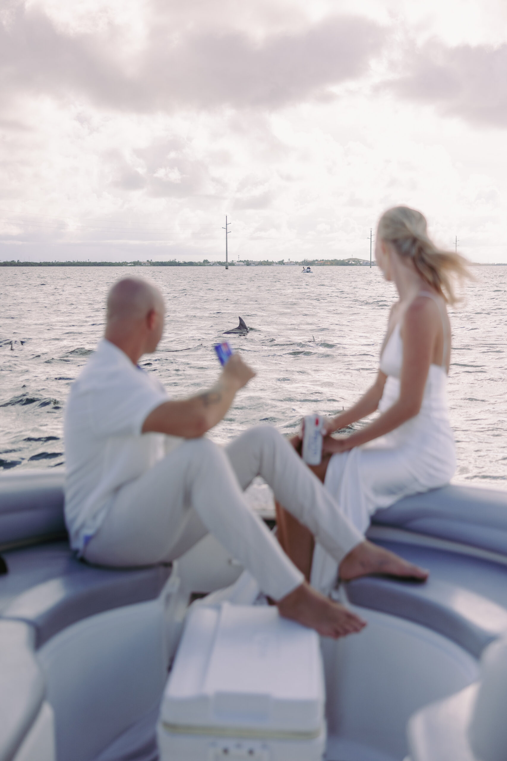 Couple watches dolphins from the back of a boat